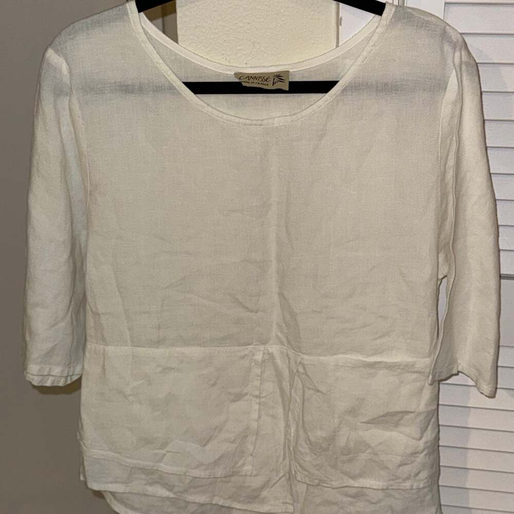 CANNISSE Linen Shirt Round Neck 3/4 Sleeve Bright White